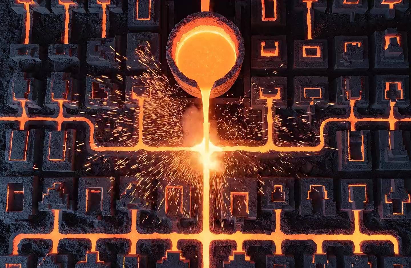 Molten metal running from a single crucible through branching channels into many different moulds